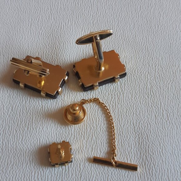 Vintage 1960s Wood Inlay Cuff Link & Tie Tack Set Gold Tone - Picture 5 of 8